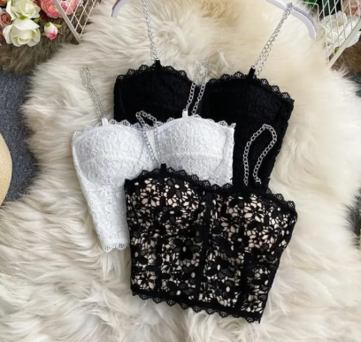 Chain Strap Front Design Padded Camisole Top With Elastic Back Line