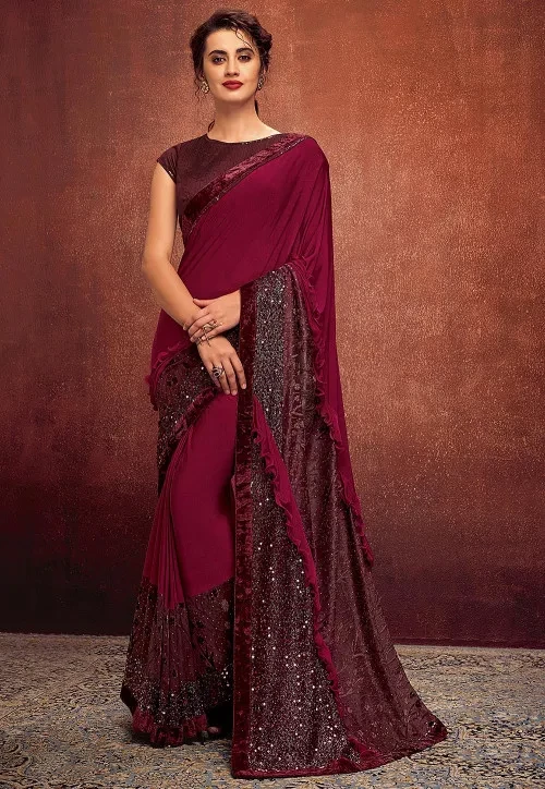 Embellished Ruffled Lycra Saree in Magenta