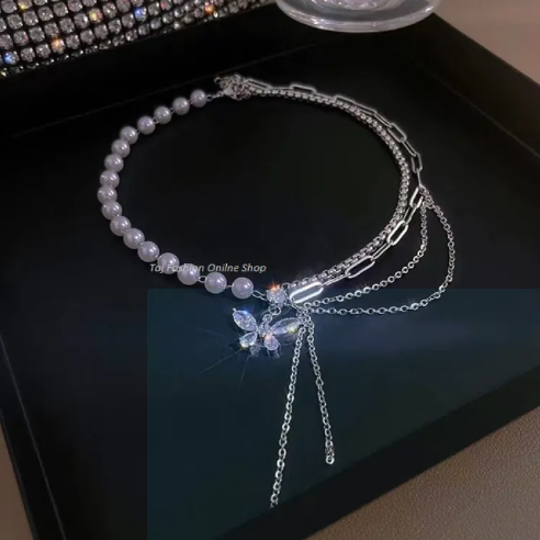 Versatile - Choice and Remark - Pearl butterfly necklace and butterfly ring- Avant-garde Qualityfull - Easy To care and Longive
