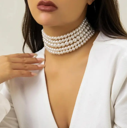 Multi Layer Pearl Choker Necklace With Ear Drop Earring