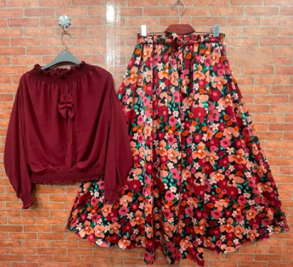 Two Piece Tops and Skirts Set Fashionable Samu Silk Georgette Outfit for Women & Girls