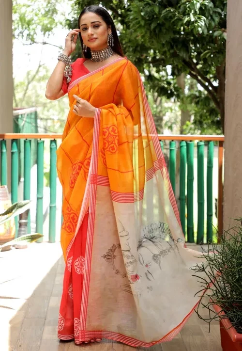 Half N Half Pure Linen Saree in Red and Yellow