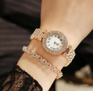 Elegant Luxury Full Diamond Quartz Watch / Ladies Korean Fashion Rhinestone Wristwatch Bracelet Set