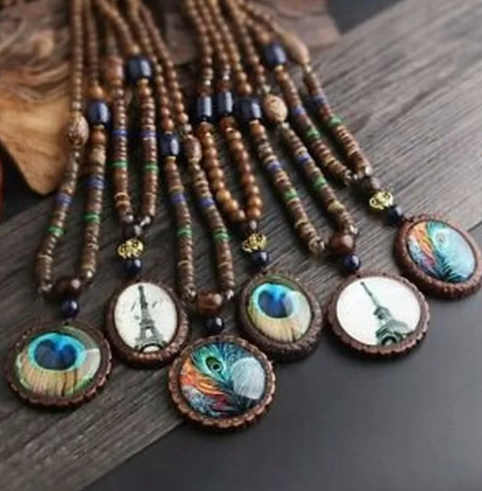 Retro Bodhi Pendant Wood Bead Long Necklace -Wooden Sweater Chain Resin Pendant For Women Men Jewelry Gift