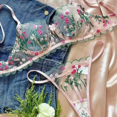 Sexy Lingerie Set Women Emboss Flower Transparent Bra Panty Corset Bandage Set