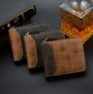 Zipper Vintage Small Short Wallet for Men | PU Leather Card Holder | Coin Pocket Casual Designer Purse