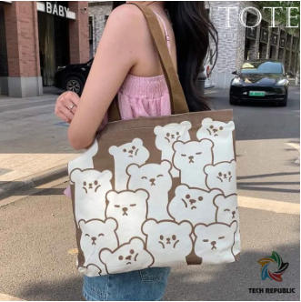 Top Handle Trendy Cute Bear Design Brown White Color Tote Canvas Bag, Stylish Canvas Bag, and Shoulder Bag