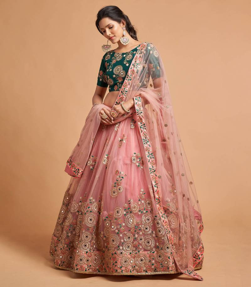 EXOTIC GREEN AND PEACH NET SEQUINS EMBROIDERED WEDDING DESIGNER LEHENGA CHOLI WITH DUPATTA