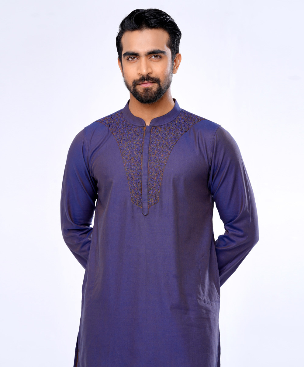 Blue Semi Fitted Cotton Panjabi