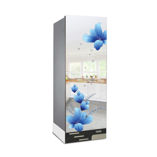 VISION Glass Door Top Mount with Low Noise Compressor & Fast Cooling Speed Refrigerator RE-222 Liter Mirror Blue FL