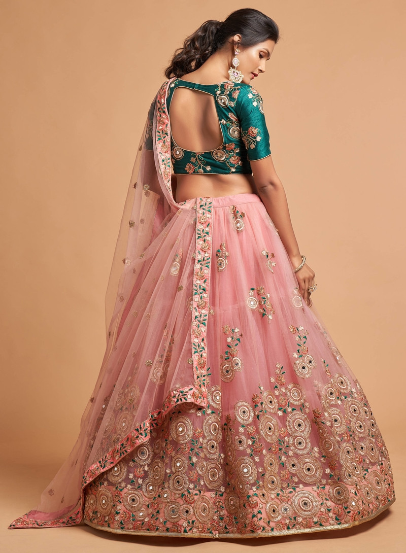 EXOTIC GREEN AND PEACH NET SEQUINS EMBROIDERED WEDDING DESIGNER LEHENGA CHOLI WITH DUPATTA