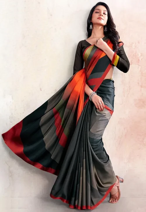 Digital Printed Satin Saree in Multicolor