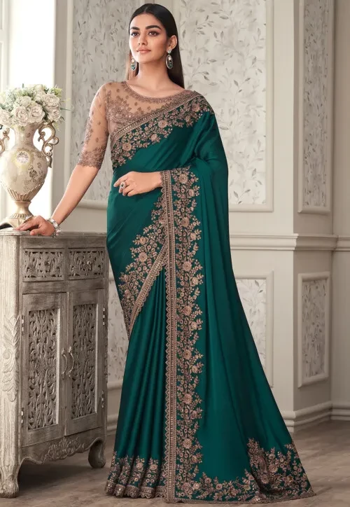 Embroidered Satin Georgette Saree in Dark Teal Green