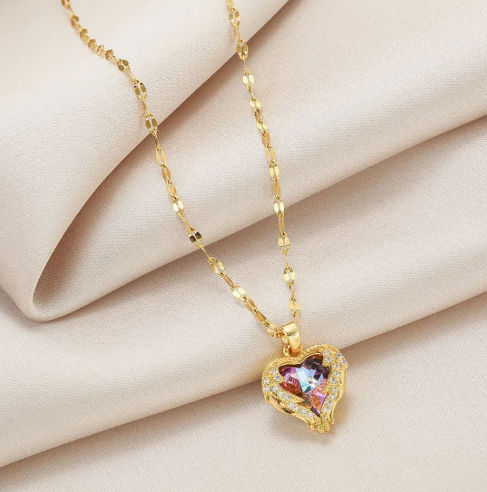 Ocean Heart Real Gold_Plating Clavicle Chain Geometric Design Zircon Stone Love Shape Neckless for Stylish Girls or Women