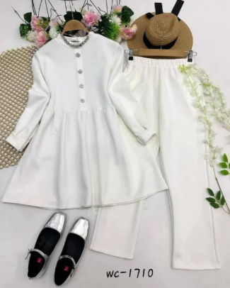 White Modest Tunic and Trouser Set Elegant Two Piece Poly Cotton Outfit